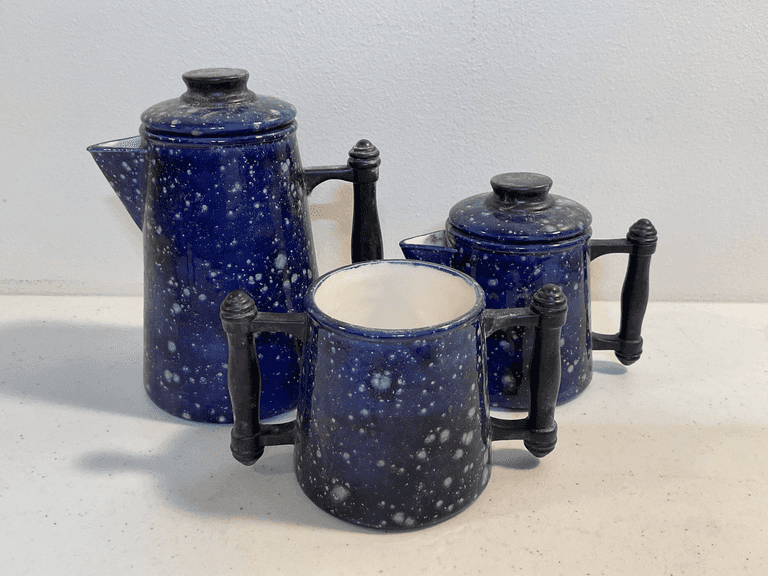 Vintage Blue Speckled Enamelware Coffee Pot, Creamer & Mug – 3 Pieces
