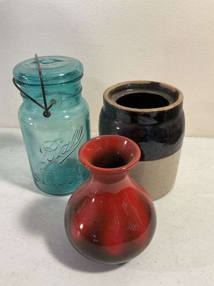 Vintage Stoneware, Art Pottery & Blue Ball Jar – 3 Pieces