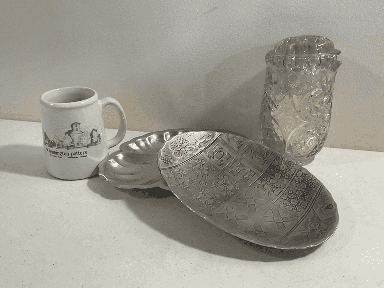 Wendell August Forge Tray, Crystal Vase, Flower Frog, Bennington Potters Mug & Silverplate Dish