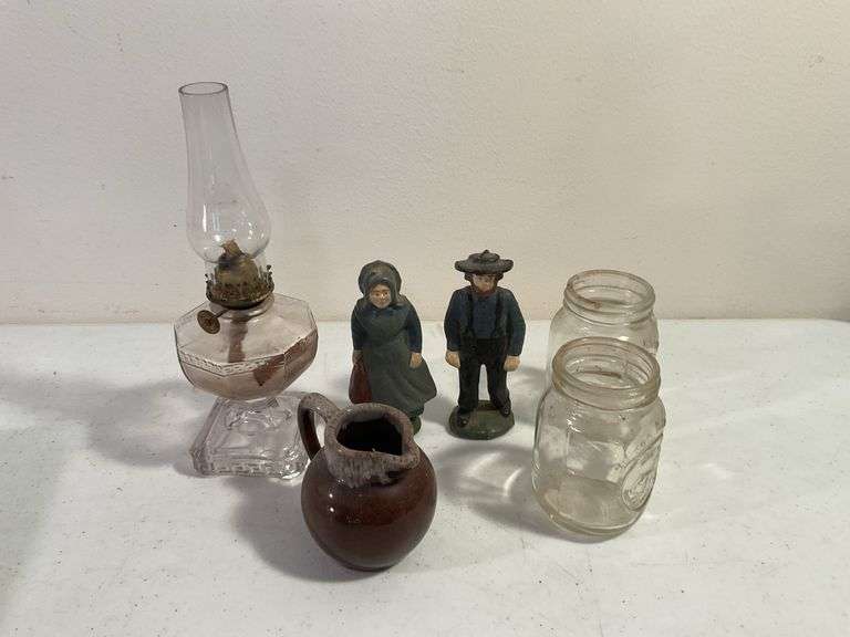 Vintage Miniature Oil Lamp, Pottery Jug, Amish Figurines & Mini Mason Jars – 6 Pieces