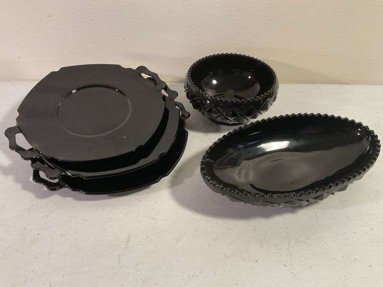 Black Amethyst Glass Serving Pieces – L.E. Smith & Indiana Glass Tiara (5 Pieces)