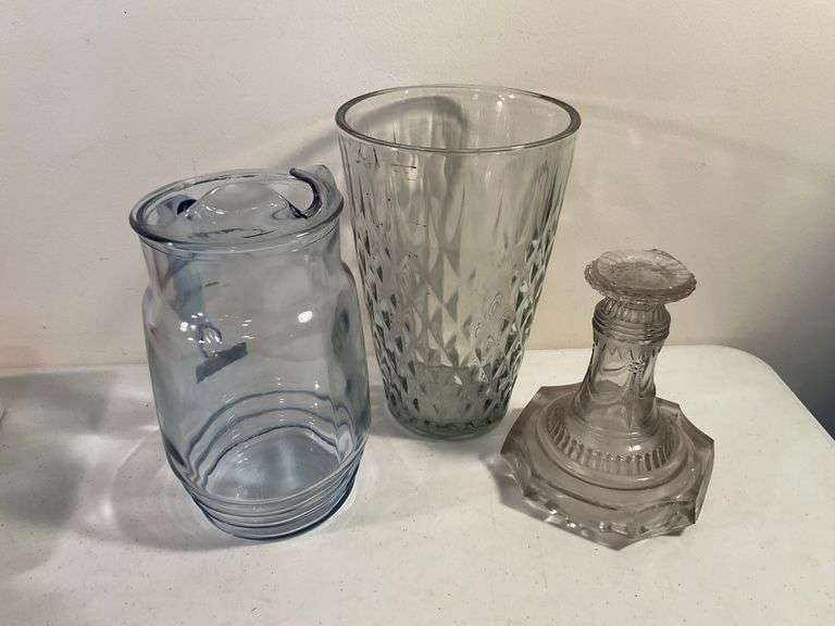 Vintage Pressed Glass Vase, Oil Lamp & Anchor Hocking Pitcher – 3 Pieces