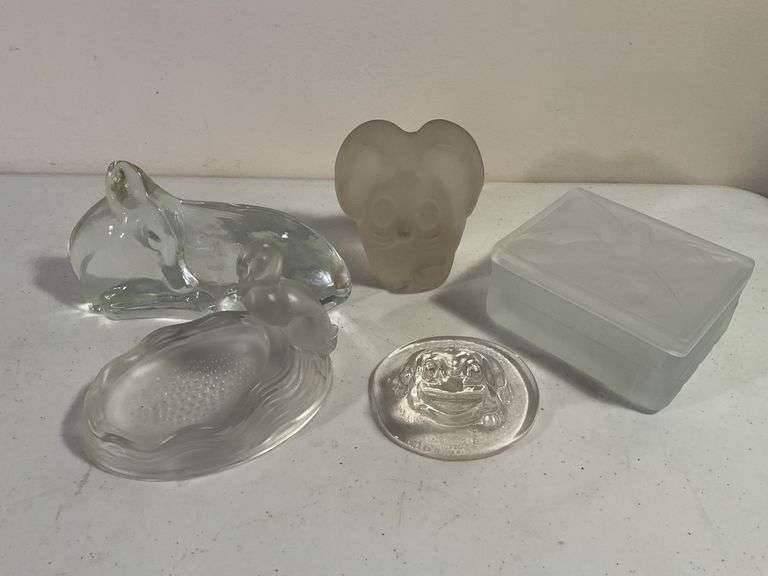 Vintage Art Glass Animal Figurines & Frosted Glass Trinket Box – 6 Pieces