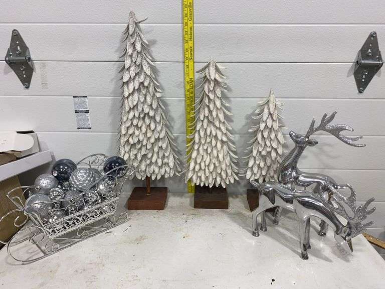 Silver Chrome Christmas Reindeer & Sleigh Figurine Set with 3 Frosted Winter Trees