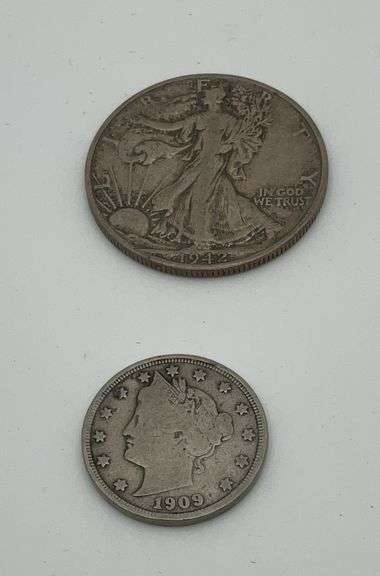 1942 Walking Liberty Silver Half Dollar and 1909 Liberty Head V Nickel