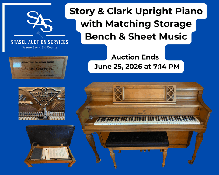 Story & Clark Upright Piano with Matching Storage Bench & Sheet Music