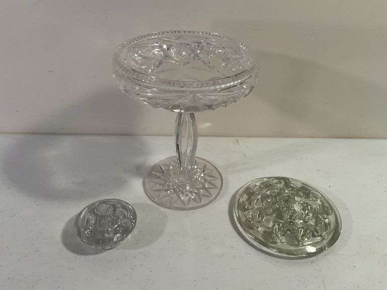 Vintage Crystal Pedestal Bowl & Glass Flower Frogs – 3 Pieces