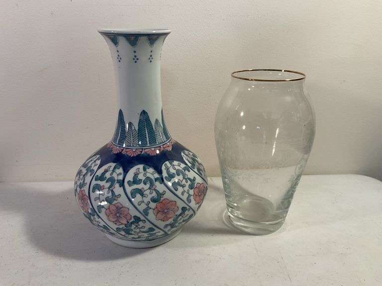 Hand-Painted Chinese Vase & Bohemia Etched Glass Vase – 2 Pieces