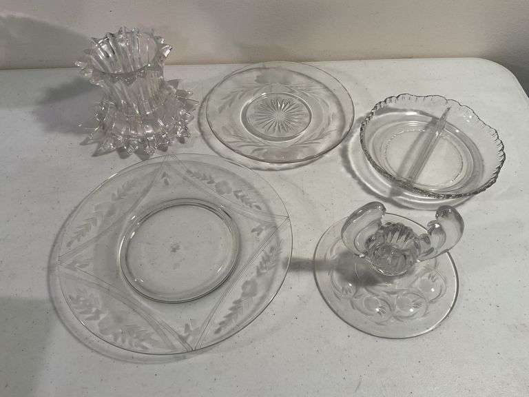 Assorted Elegant Glass Serving Pieces & Candle Holders – 5 Pieces