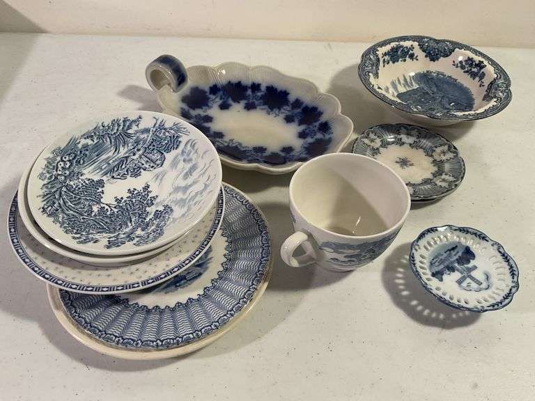 Assorted Blue & White Transferware & Flow Blue China – 12 Pieces