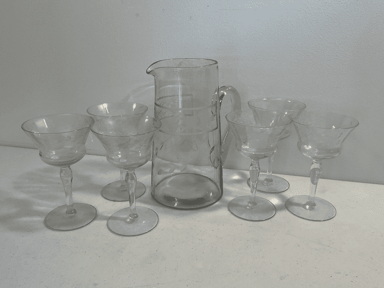 Vintage Etched Glass Pitcher & Stemware Set – 7 Pieces