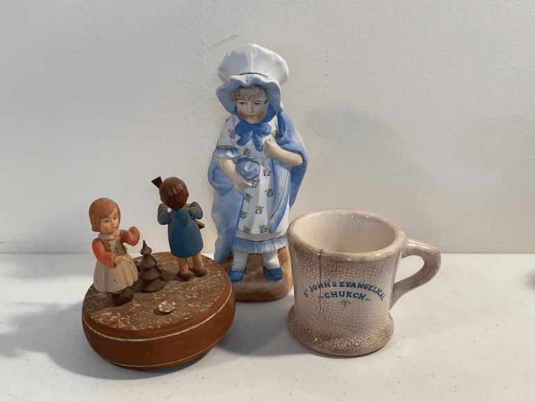 ANRI Thorens Music Box, Bisque Figurine & Stoneware Mug – 3 Pieces