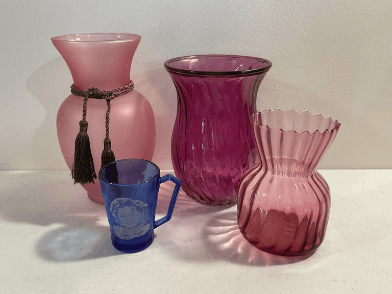 Vintage Art Glass Vases & Shirley Temple Depression Glass Mug