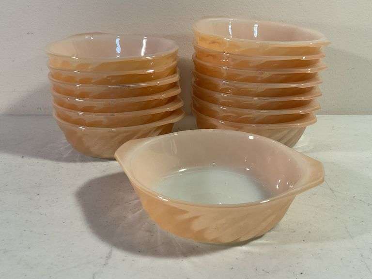Anchor Hocking Fire-King Peach Lustre Swirl Casserole Dishes – 14 Pieces
