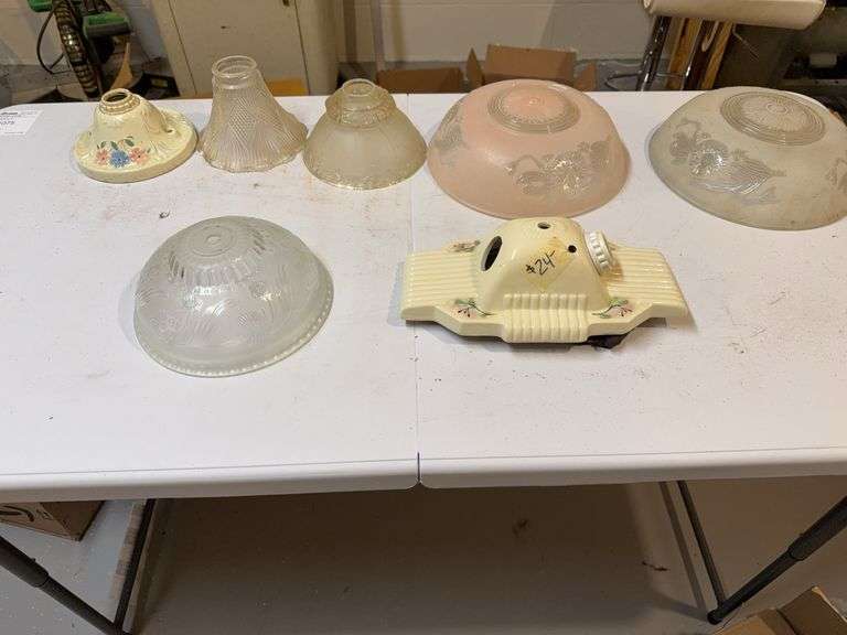 Assorted Vintage Glass Lamp Shades & Porcelain Sconce Base