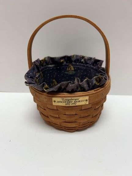 Longaberger Discovery Basket 1492-1992 Handwoven with Liner and Handle, Dresden Ohio USA Marked Base