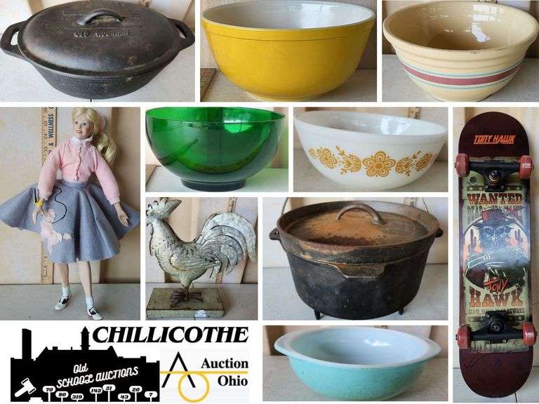 CHILLICOTHE: Pyrex, McCoy Pottery, Cast Iron, Ertl Tractor, Peggy Sue Doll, & More