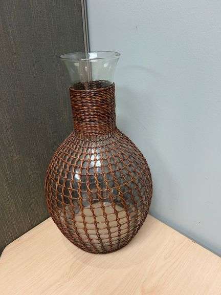 Glass Balloon-Shaped Vase With Woven Rattan Net Overlay, Opening, Clear