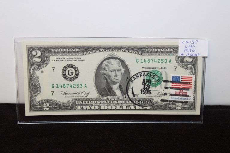 1976 U.S. Two Dollars Federal Reserve Note and Stamp