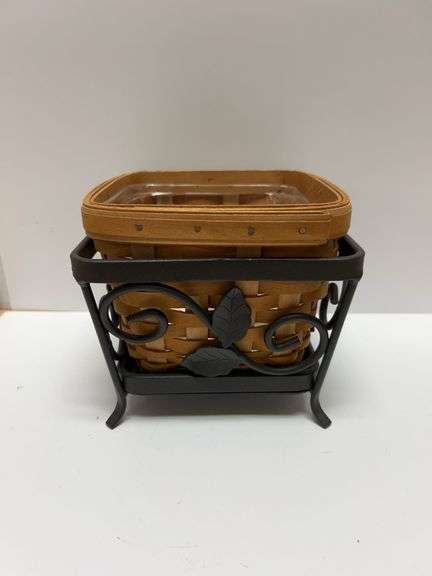 Longaberger 2004 Signed Handmade Basket with Leaf Motif Metal Stand and Plastic Liner