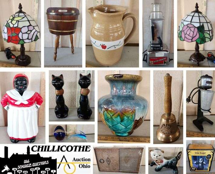 CHILLICOTHE: Vintage Commercial Vita-Mixer, Wood Barrel Stand, Holiday Decor, Glassware, Pottery, Stoneware