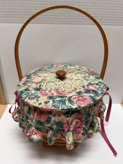 Longaberger Handwoven Basket With Floral Liner, Crochet Accent, Signed 1993, Dresden OH USA, With Li