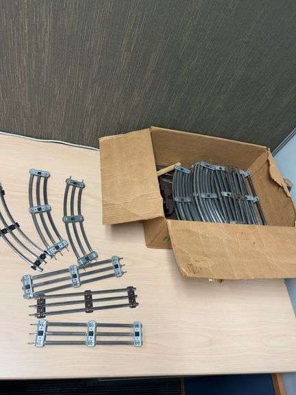 O Gauge 3-Rail Model Train Track Sections Including Curves, Straights, and Switches In Box