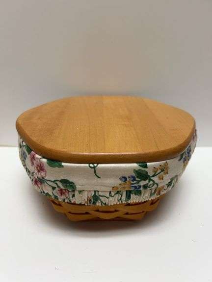 Longaberger Sandwoven Basket with Floral Liner, Protector, and Fitted Wooden Lid, Dresden Ohio