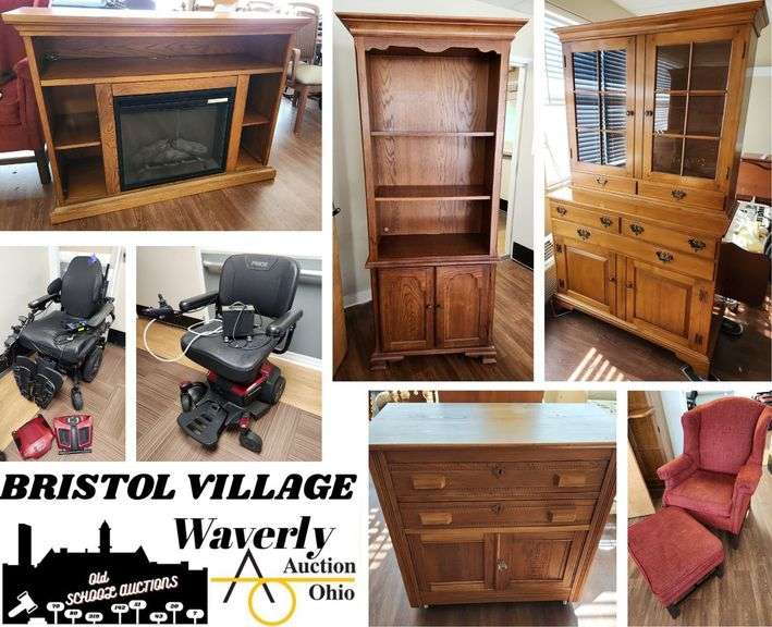 BRISTOL VILLAGE: Electric Fireplace, Willett Hutch, Vintage Washstand, Bookcase, Dining Table, & Chairs