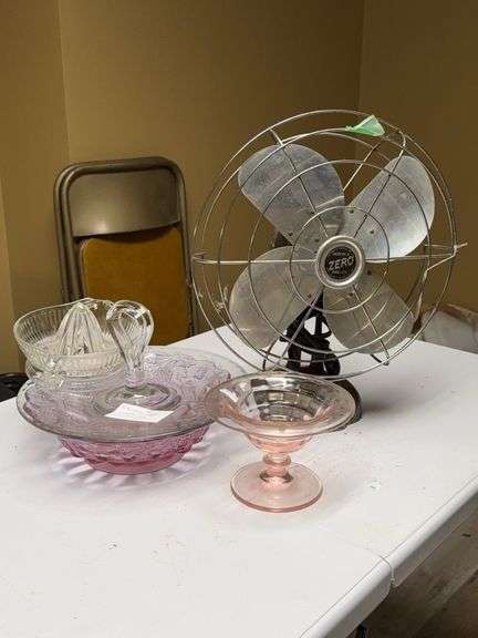 Vintage Electric Fan, Pink Depression Glass, Glass Juicer & Decorative Glassware