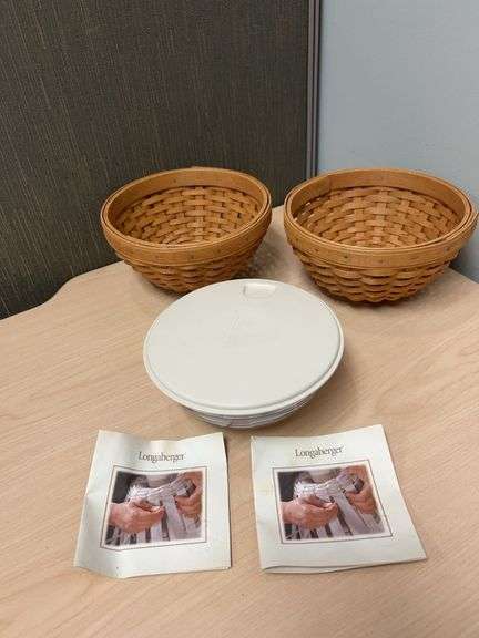 Longaberger Set of 2 Signed Small Handwoven Baskets With Plastic Liner, Lids, and Inserts