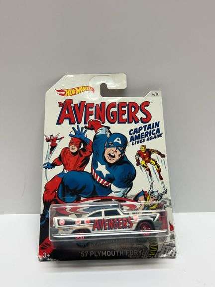 Hot Wheels 2015 Marvel Avengers '57 Plymouth Fury, Captain America, Carded, DJK78, 6/8 Set Collectib