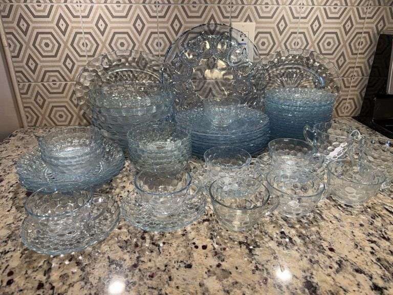 Vintage Anchor Hocking Sapphire Blue Bubble Glass Dinnerware Collection
