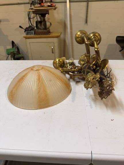 Vintage Ceiling Light Fixture with Shade & Pair of Brass Wall Sconces