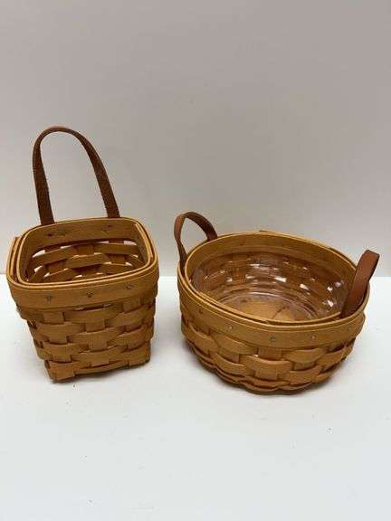 Signed Longaberger Handwoven Baskets with Leather Handles, One with Liner, 2000-2001 USA Made