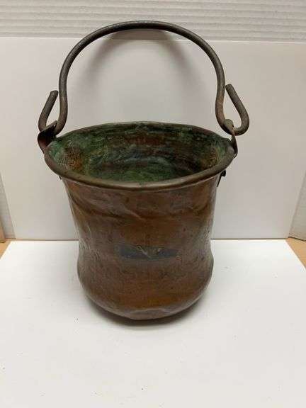 Hand-Hammered Copper Pail with Riveted Iron Bail Handle, 7 Inch Height, Patinated Interior and Base 