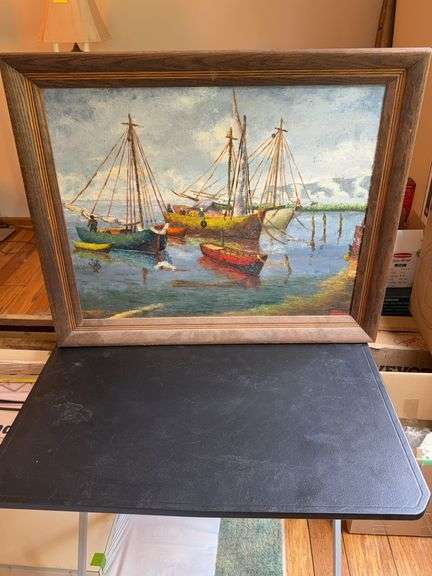 Signed Harbor Oil Painting