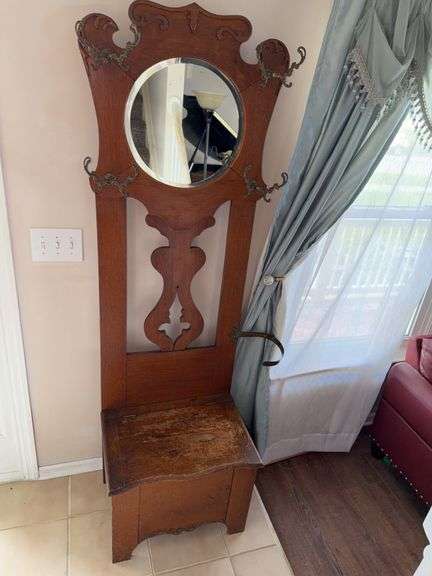 Antique Hall Tree With Mirror & Metal Hooks