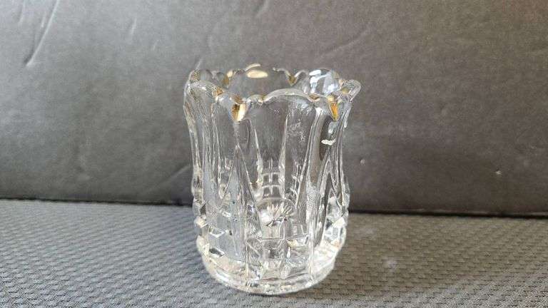 Pressed Clear Glass Toothpick Holder With Scalloped Rim and Starburst Base, Gold Rim Detail, Vintage