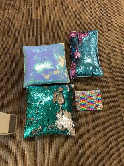 Mermaid Pillow Company Sequin Pillows, Art Cushion, and Rainbow Zippered Pouch, Lot of 4 Items, 18" 