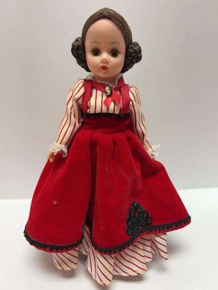 Madame Alexander Doll in Red and White Striped Traditional Costume With Red Cape and Black Boots