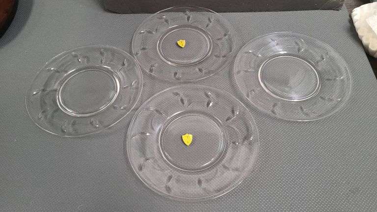 (4) Tiffin Hand Made Clear Glass Plates with Leaf Pattern Detailing and Original Labels Attached