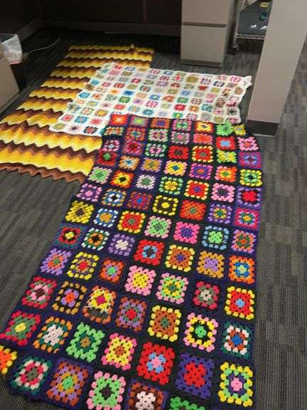 Three Hand-Crocheted Afghans: Multicolor Granny Squares and Chevron Stripe Blankets