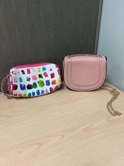 Two Contemporary Chain Shoulder Bags: One Done Brand Multicolor and One Pink Faux Leather Saddle Bag