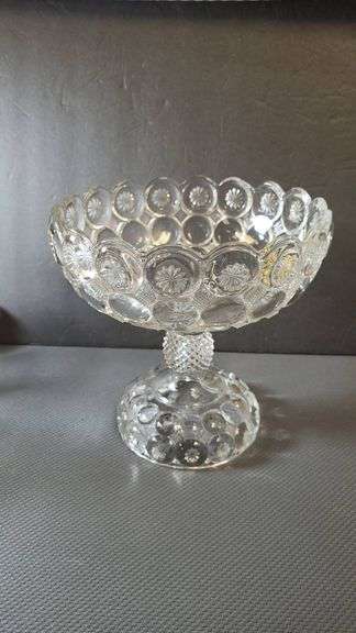 Early American Pattern Glass Jeweled Moon & Star 3 Mold Pedestal Compote With Manufacture Errors, Pr