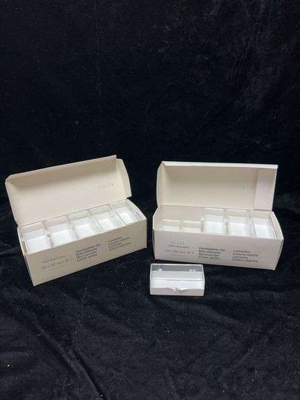 19 Microscope Cover Glass Boxes, 24 x 50 mm, St 1, for Laboratory Use, Two Opened Boxes Included