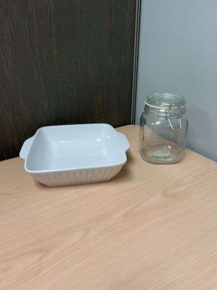 White Ceramic Square Baking Dish from Japan and Anchor Hocking Glass Jar Set, 9-Inch and 1.12L Capac