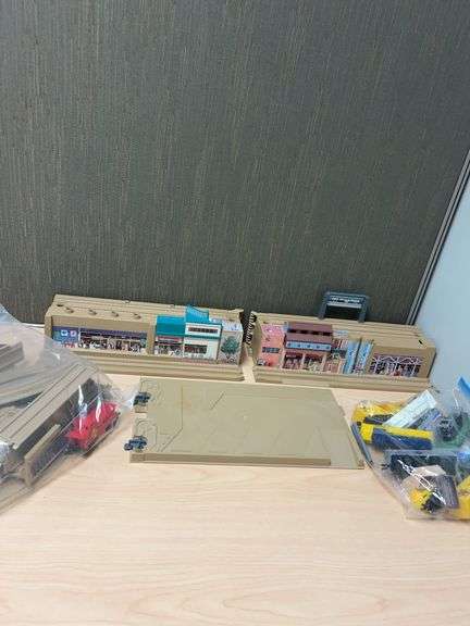 1985 Mattel SuperRails Station Train Set Components with Track, Buildings, Freight, and Cars USA Mad