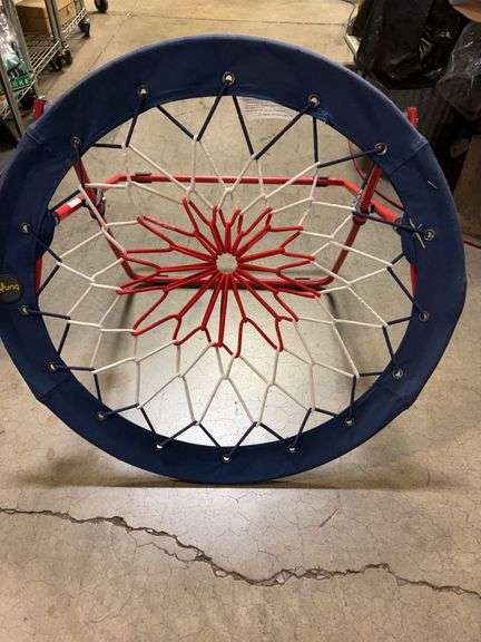 Bunjo Folding Bungee Chair With Red Frame, Blue Rim, And Netting, 30-Inch Diameter Seat Surface Size