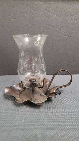Decorative Metal and Glass Hurricane Candle Holder with Etched Floral Design and Handled Base, See P